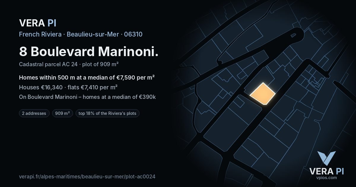 8 Boulevard Marinoni, Beaulieu-sur-Mer at night – the plot lit, the parcels around coloured by the prices near them