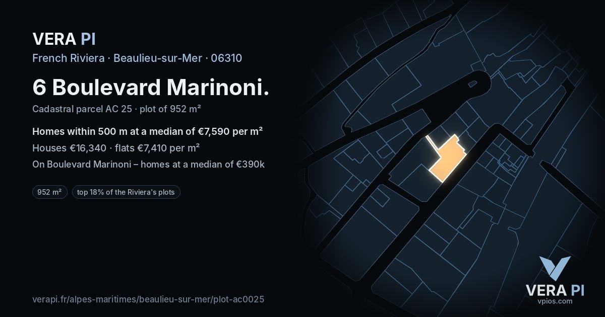 6 Boulevard Marinoni, Beaulieu-sur-Mer at night – the plot lit, the parcels around coloured by the prices near them