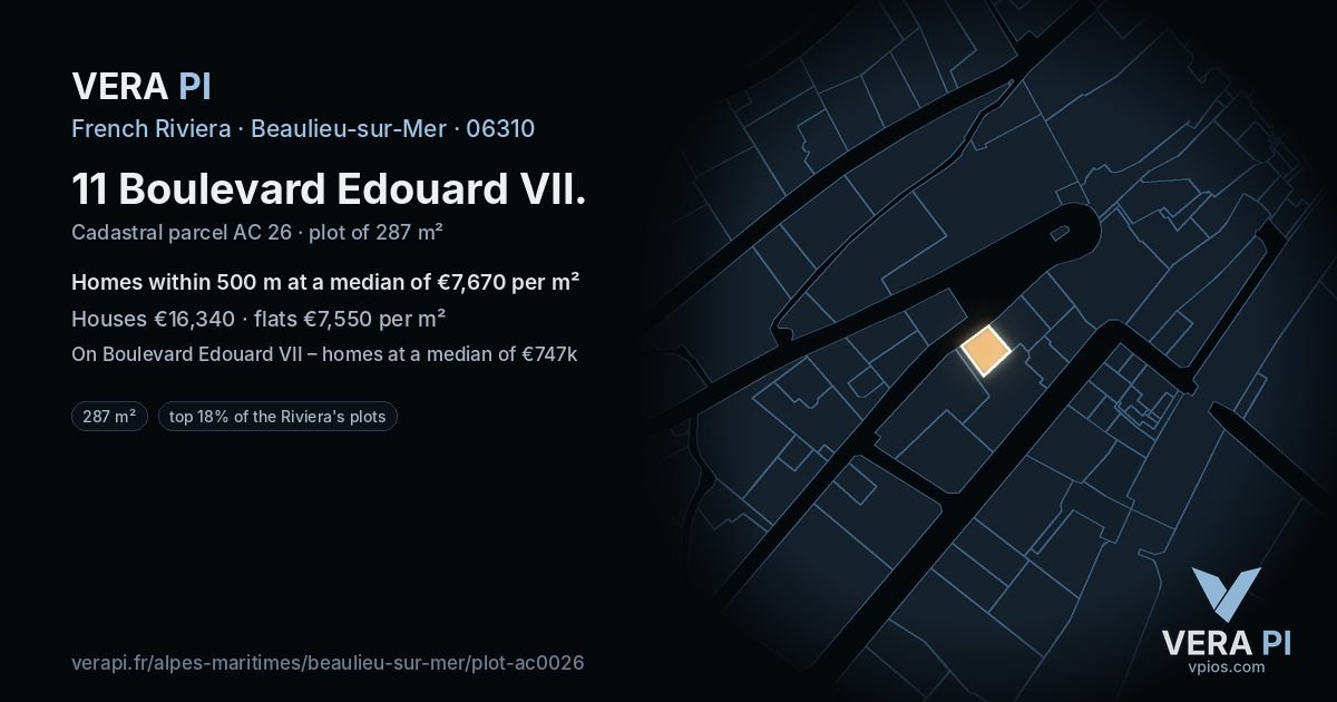 11 Boulevard Edouard VII, Beaulieu-sur-Mer at night – the plot lit, the parcels around coloured by the prices near them