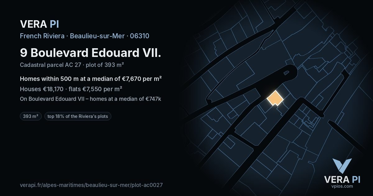 9 Boulevard Edouard VII, Beaulieu-sur-Mer at night – the plot lit, the parcels around coloured by the prices near them