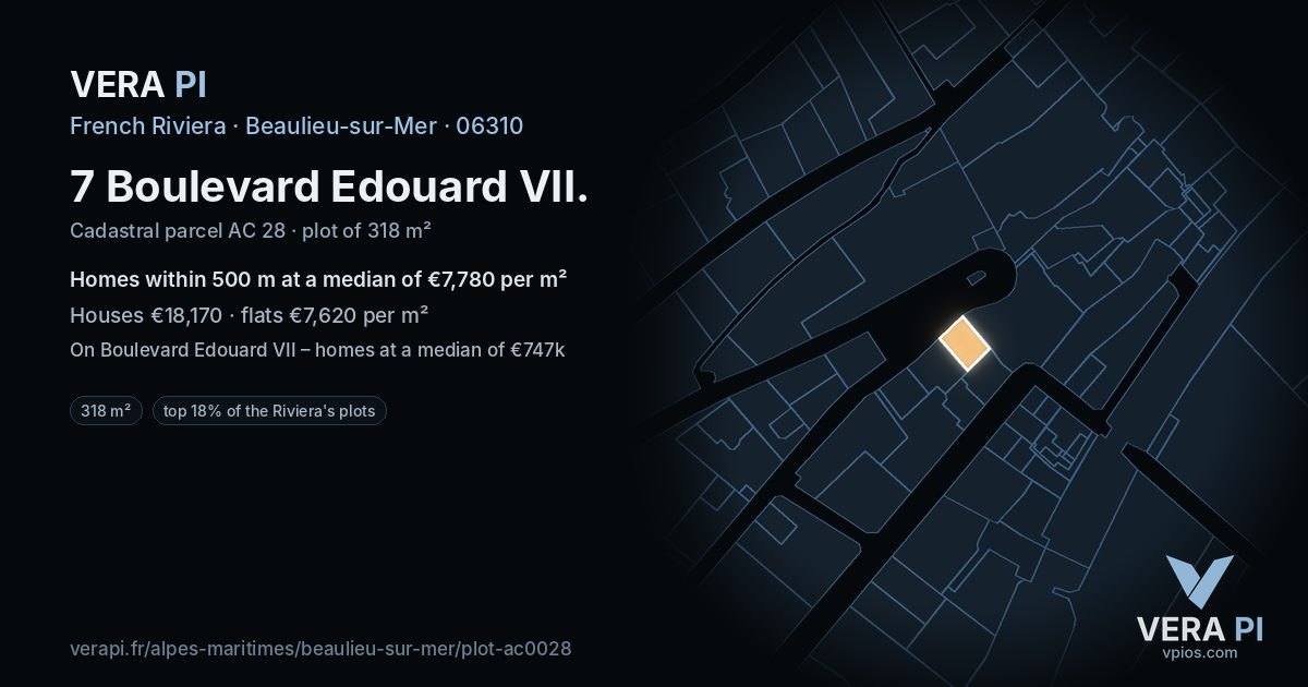 7 Boulevard Edouard VII, Beaulieu-sur-Mer at night – the plot lit, the parcels around coloured by the prices near them