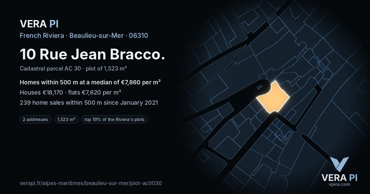 10 Rue Jean Bracco, Beaulieu-sur-Mer at night – the plot lit, the parcels around coloured by the prices near them