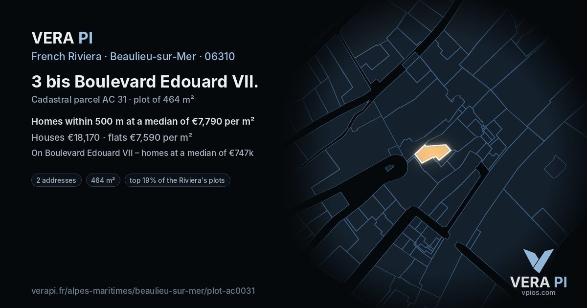 3 bis Boulevard Edouard VII, Beaulieu-sur-Mer at night – the plot lit, the parcels around coloured by the prices near them