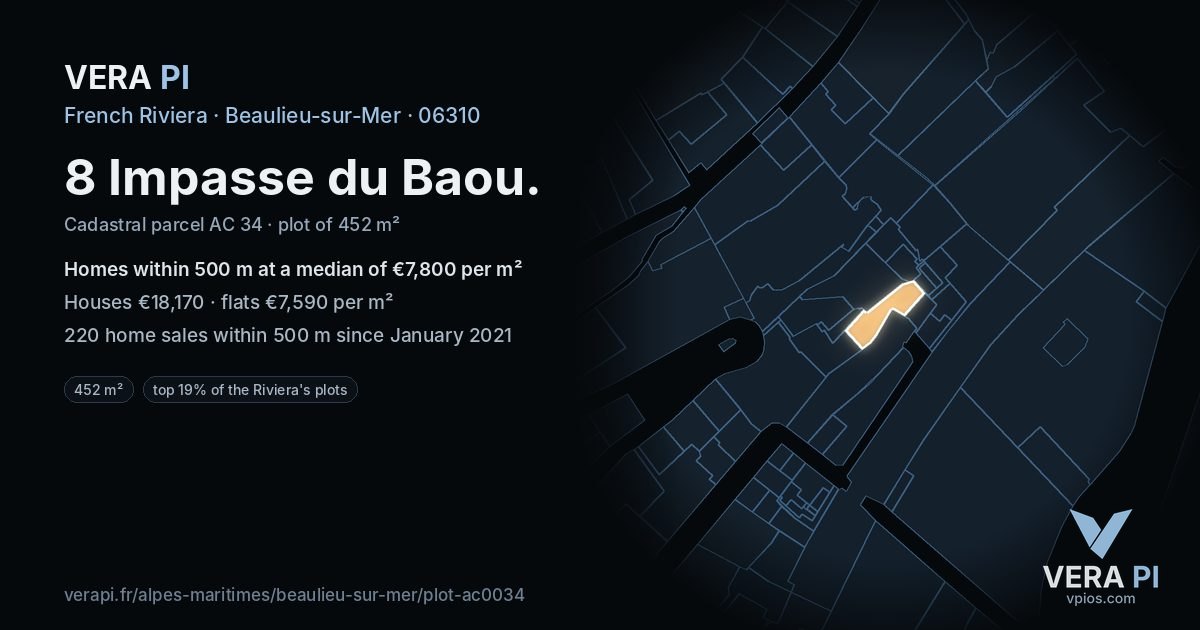 8 Impasse du Baou, Beaulieu-sur-Mer at night – the plot lit, the parcels around coloured by the prices near them
