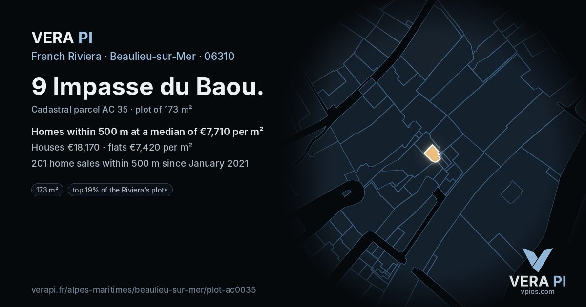 9 Impasse du Baou, Beaulieu-sur-Mer at night – the plot lit, the parcels around coloured by the prices near them