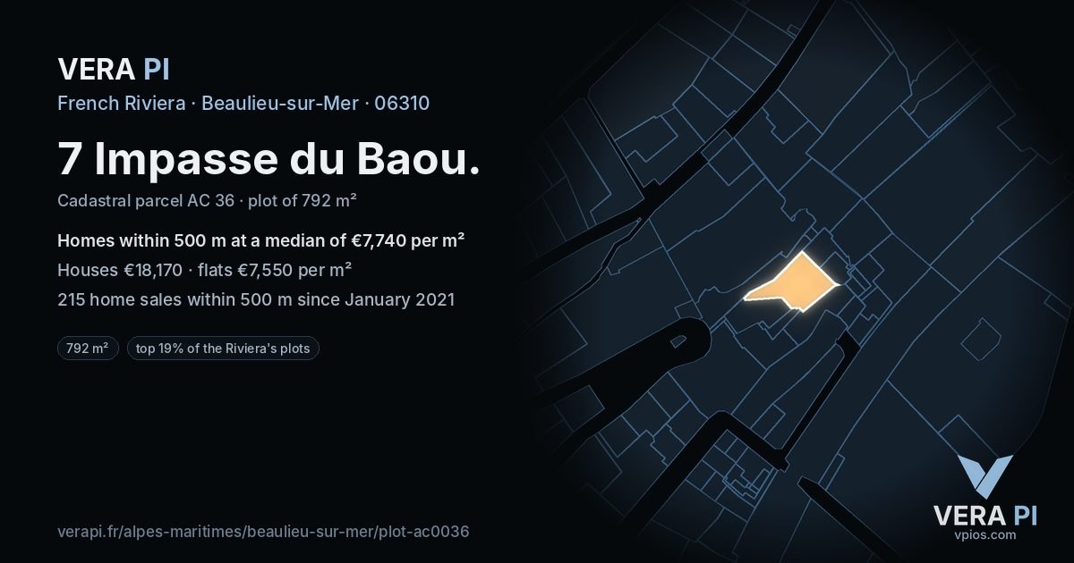 7 Impasse du Baou, Beaulieu-sur-Mer at night – the plot lit, the parcels around coloured by the prices near them