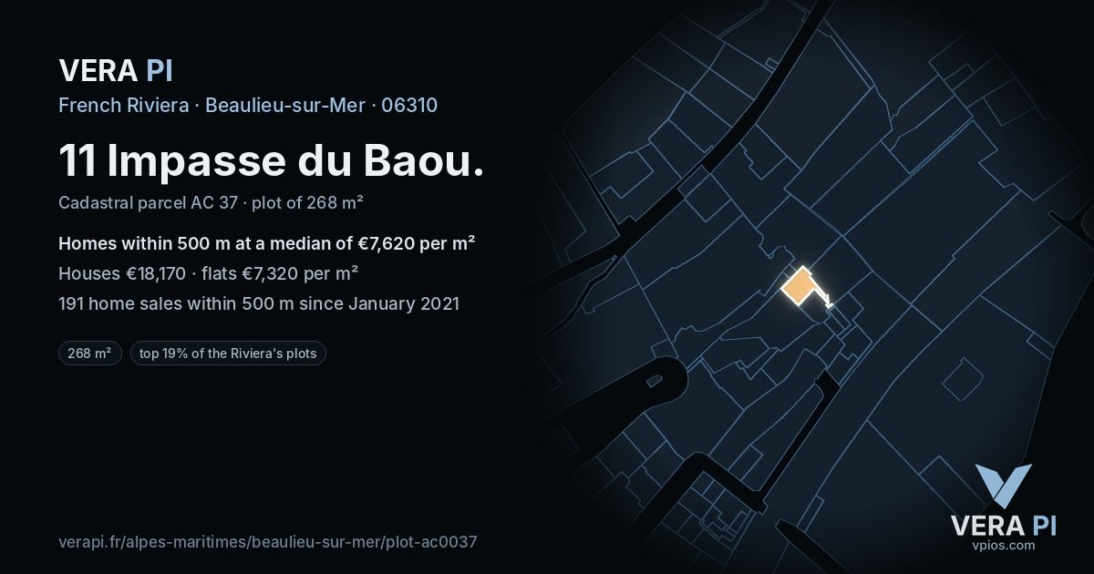 11 Impasse du Baou, Beaulieu-sur-Mer at night – the plot lit, the parcels around coloured by the prices near them
