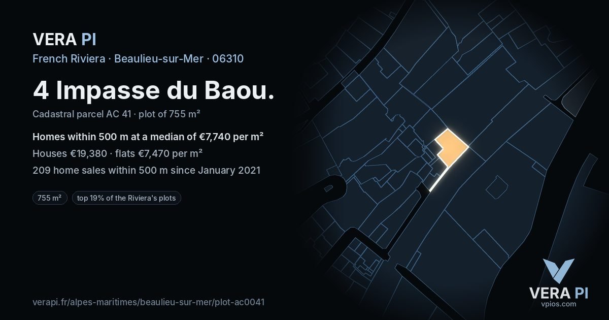 4 Impasse du Baou, Beaulieu-sur-Mer at night – the plot lit, the parcels around coloured by the prices near them