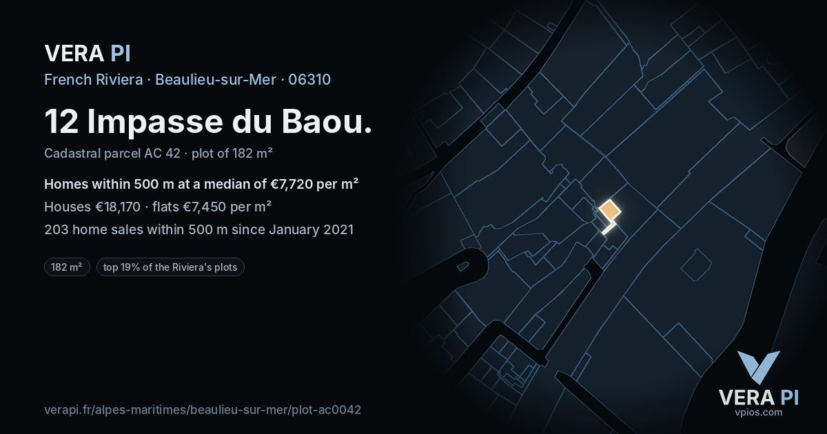 12 Impasse du Baou, Beaulieu-sur-Mer at night – the plot lit, the parcels around coloured by the prices near them