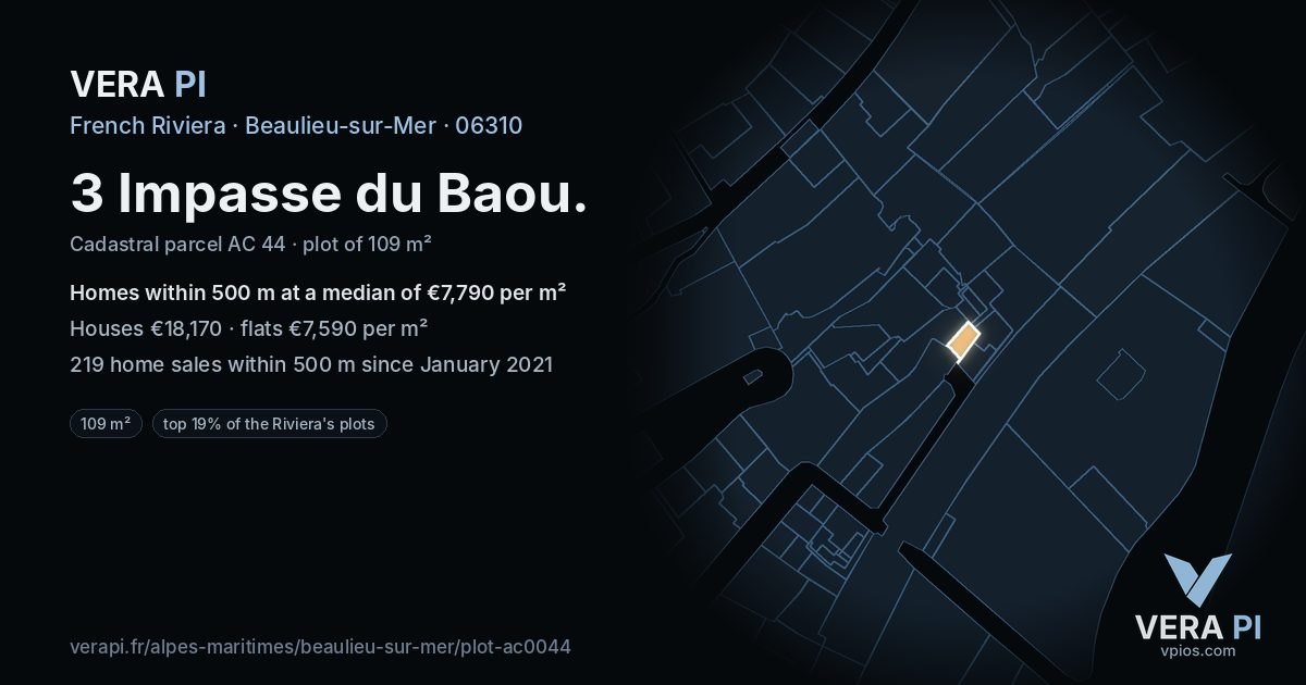 3 Impasse du Baou, Beaulieu-sur-Mer at night – the plot lit, the parcels around coloured by the prices near them