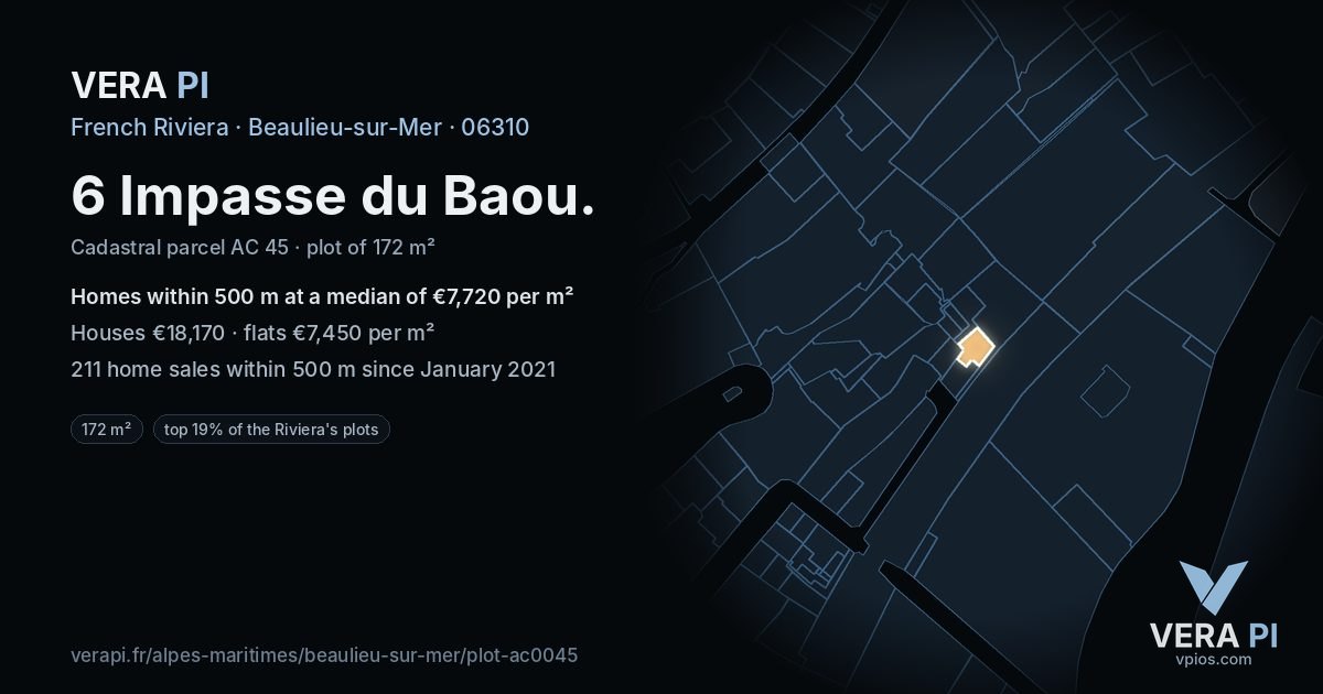 6 Impasse du Baou, Beaulieu-sur-Mer at night – the plot lit, the parcels around coloured by the prices near them