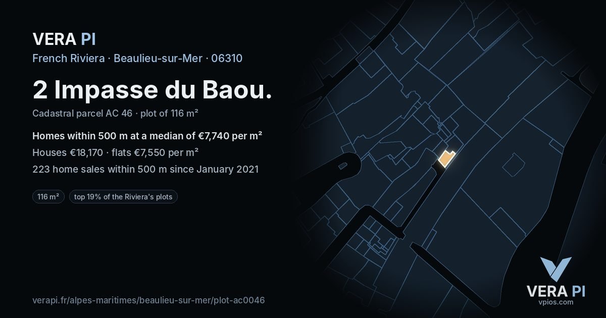 2 Impasse du Baou, Beaulieu-sur-Mer at night – the plot lit, the parcels around coloured by the prices near them