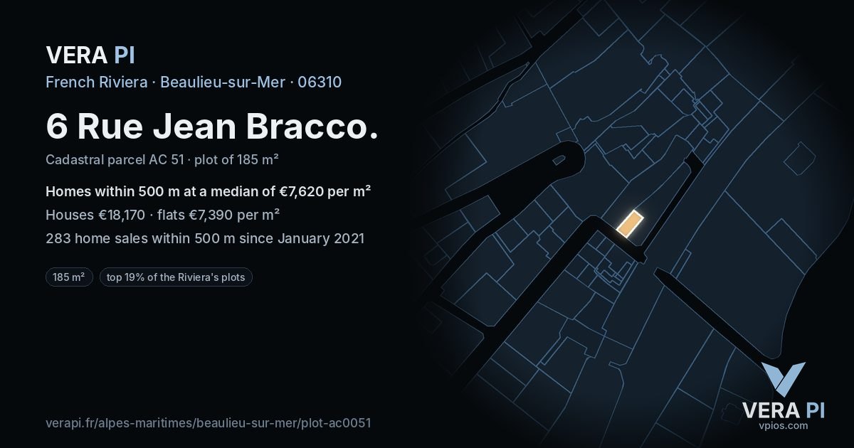 6 Rue Jean Bracco, Beaulieu-sur-Mer at night – the plot lit, the parcels around coloured by the prices near them