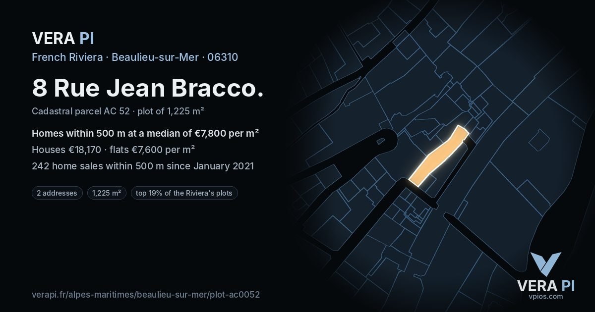 8 Rue Jean Bracco, Beaulieu-sur-Mer at night – the plot lit, the parcels around coloured by the prices near them