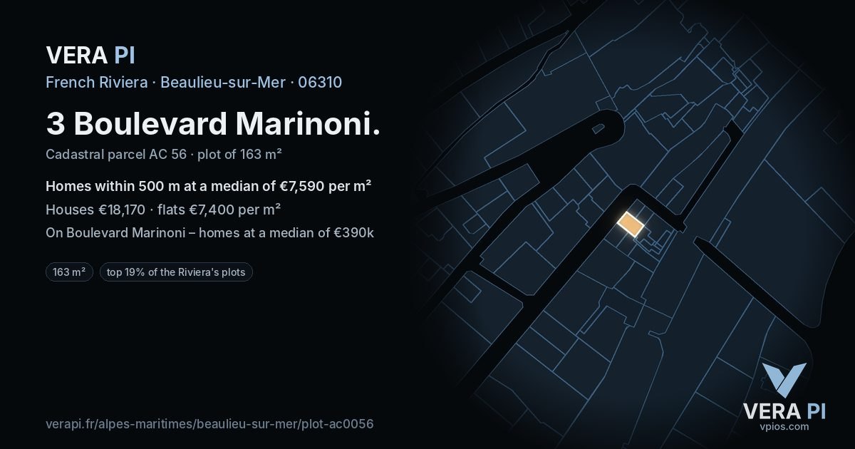 3 Boulevard Marinoni, Beaulieu-sur-Mer at night – the plot lit, the parcels around coloured by the prices near them