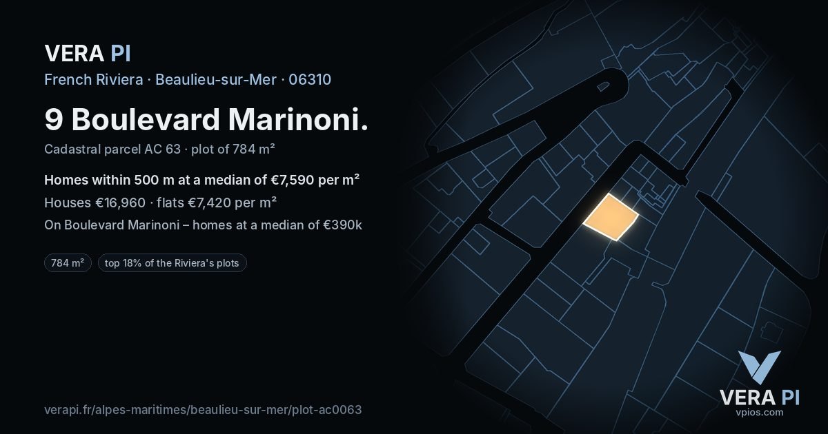 9 Boulevard Marinoni, Beaulieu-sur-Mer at night – the plot lit, the parcels around coloured by the prices near them