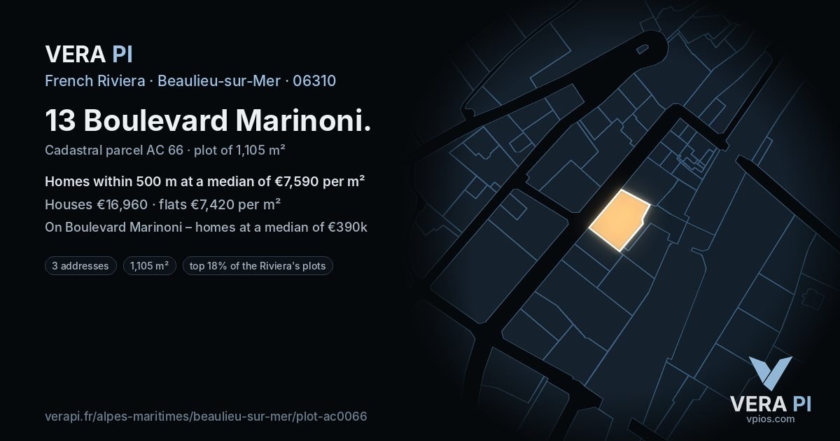 13 Boulevard Marinoni, Beaulieu-sur-Mer at night – the plot lit, the parcels around coloured by the prices near them