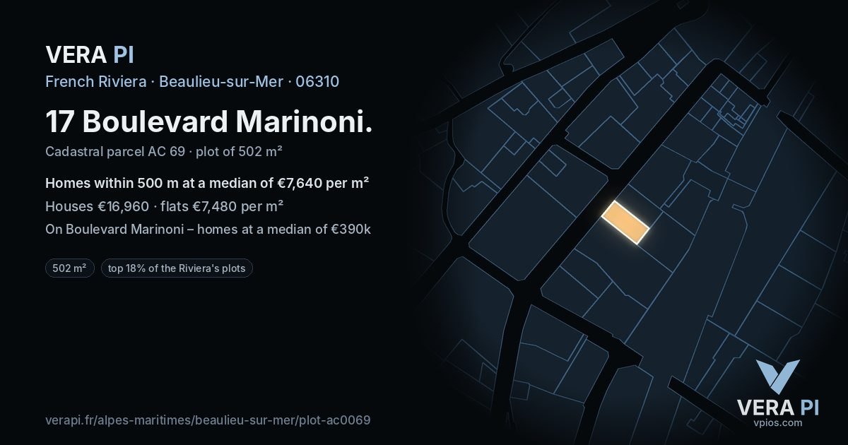 17 Boulevard Marinoni, Beaulieu-sur-Mer at night – the plot lit, the parcels around coloured by the prices near them