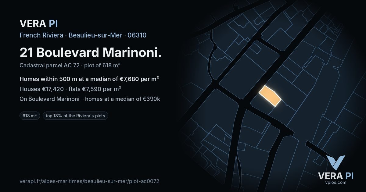 21 Boulevard Marinoni, Beaulieu-sur-Mer at night – the plot lit, the parcels around coloured by the prices near them