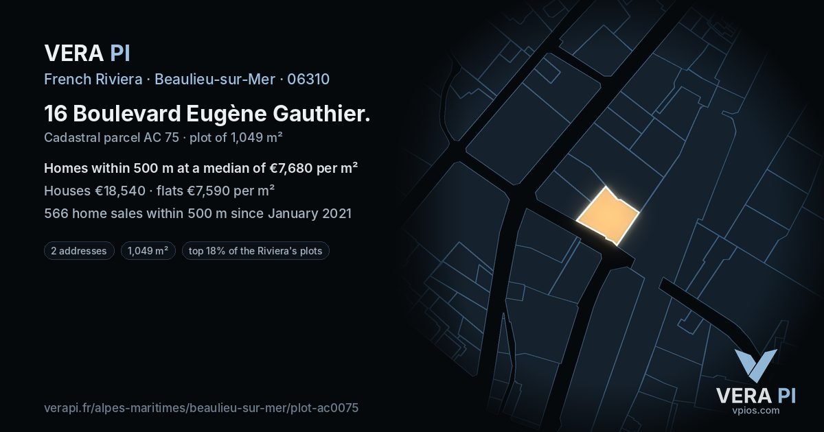 16 Boulevard Eugène Gauthier, Beaulieu-sur-Mer at night – the plot lit, the parcels around coloured by the prices near them