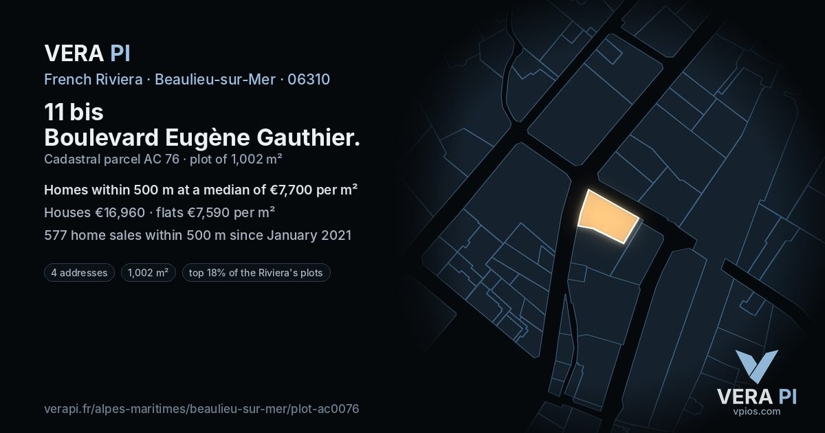 11 bis Boulevard Eugène Gauthier, Beaulieu-sur-Mer at night – the plot lit, the parcels around coloured by the prices near them