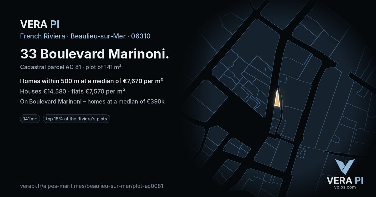 33 Boulevard Marinoni, Beaulieu-sur-Mer at night – the plot lit, the parcels around coloured by the prices near them