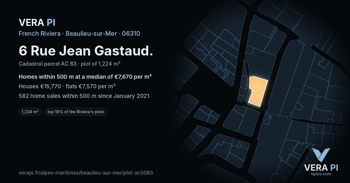 6 Rue Jean Gastaud, Beaulieu-sur-Mer at night – the plot lit, the parcels around coloured by the prices near them
