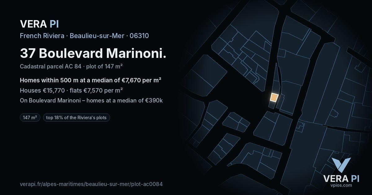 37 Boulevard Marinoni, Beaulieu-sur-Mer at night – the plot lit, the parcels around coloured by the prices near them