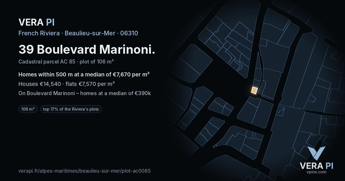 39 Boulevard Marinoni, Beaulieu-sur-Mer at night – the plot lit, the parcels around coloured by the prices near them