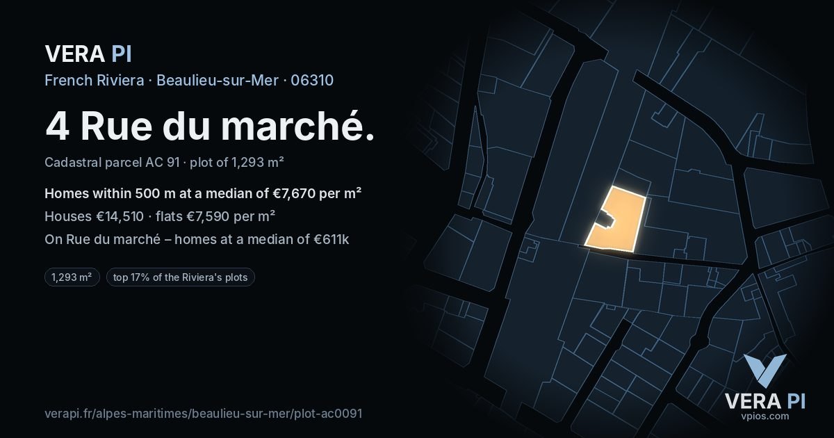4 Rue du marché, Beaulieu-sur-Mer at night – the plot lit, the parcels around coloured by the prices near them
