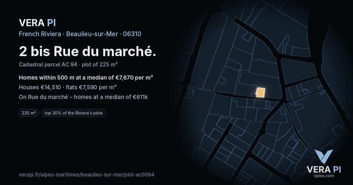 2 bis Rue du marché, Beaulieu-sur-Mer at night – the plot lit, the parcels around coloured by the prices near them