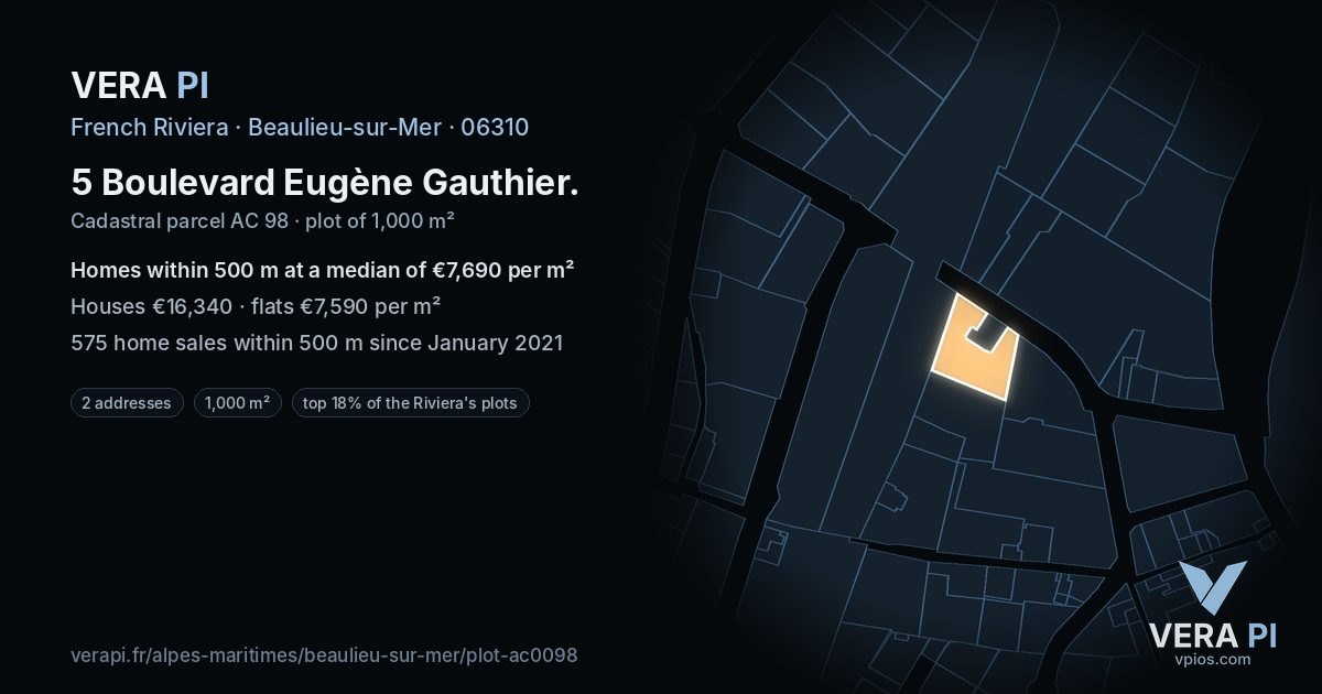 5 Boulevard Eugène Gauthier, Beaulieu-sur-Mer at night – the plot lit, the parcels around coloured by the prices near them