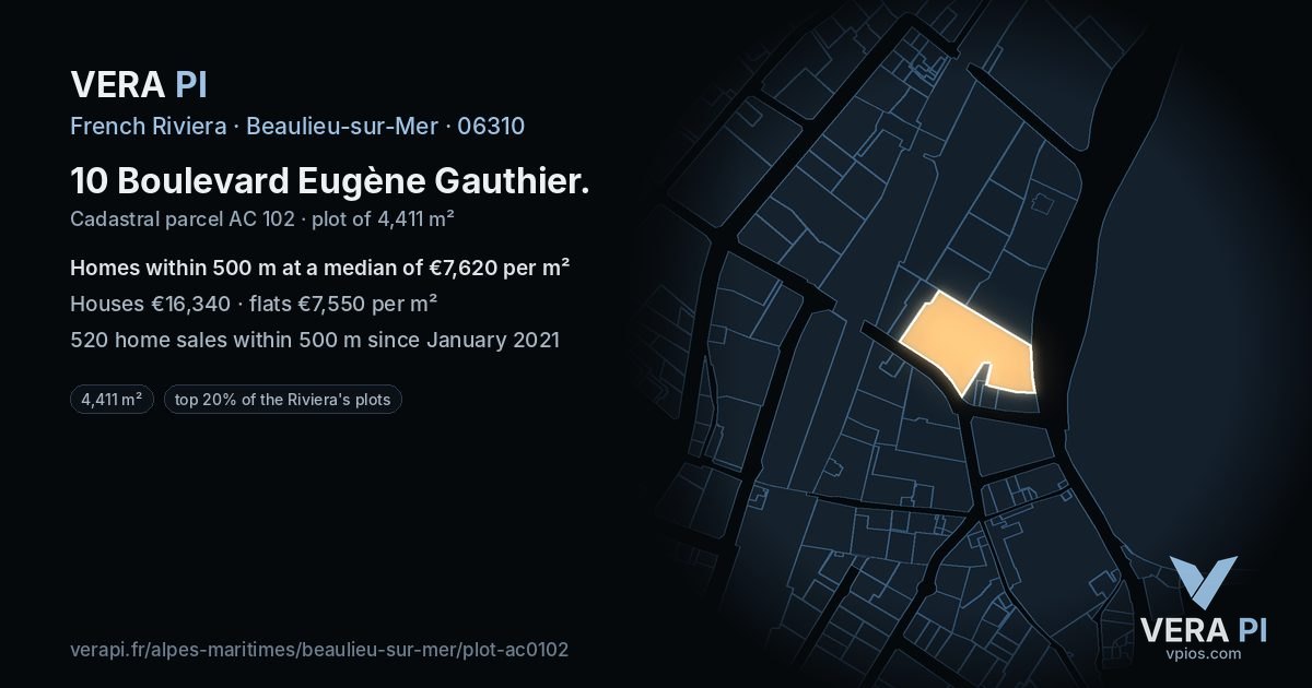 10 Boulevard Eugène Gauthier, Beaulieu-sur-Mer at night – the plot lit, the parcels around coloured by the prices near them