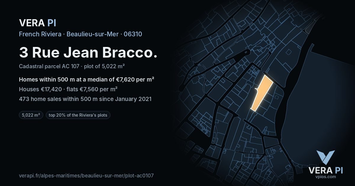 3 Rue Jean Bracco, Beaulieu-sur-Mer at night – the plot lit, the parcels around coloured by the prices near them