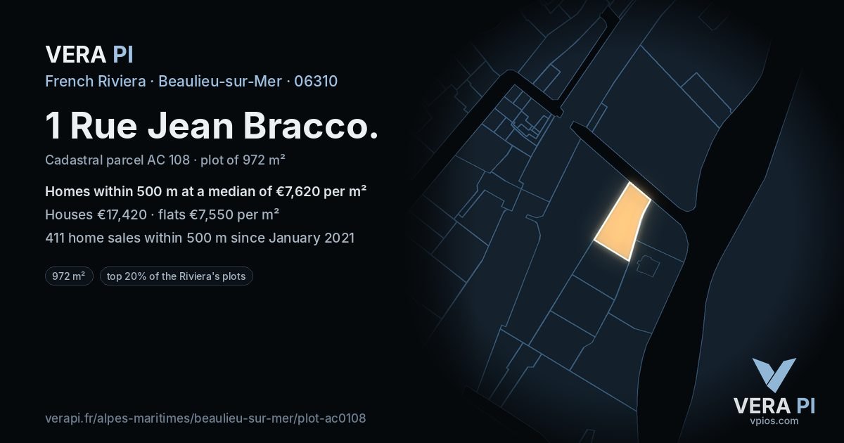 1 Rue Jean Bracco, Beaulieu-sur-Mer at night – the plot lit, the parcels around coloured by the prices near them