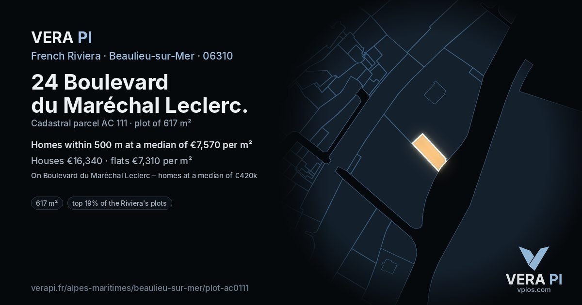 24 Boulevard du Maréchal Leclerc, Beaulieu-sur-Mer at night – the plot lit, the parcels around coloured by the prices near them