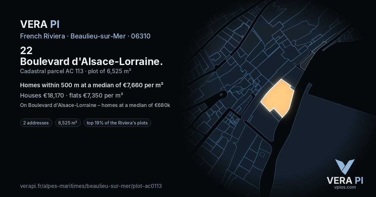 22 Boulevard d'Alsace-Lorraine, Beaulieu-sur-Mer at night – the plot lit, the parcels around coloured by the prices near them