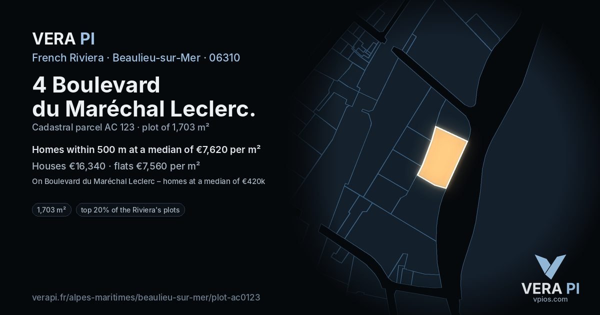 4 Boulevard du Maréchal Leclerc, Beaulieu-sur-Mer at night – the plot lit, the parcels around coloured by the prices near them
