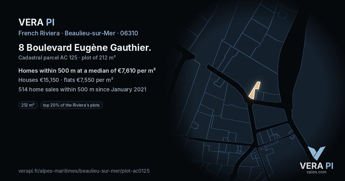 8 Boulevard Eugène Gauthier, Beaulieu-sur-Mer at night – the plot lit, the parcels around coloured by the prices near them