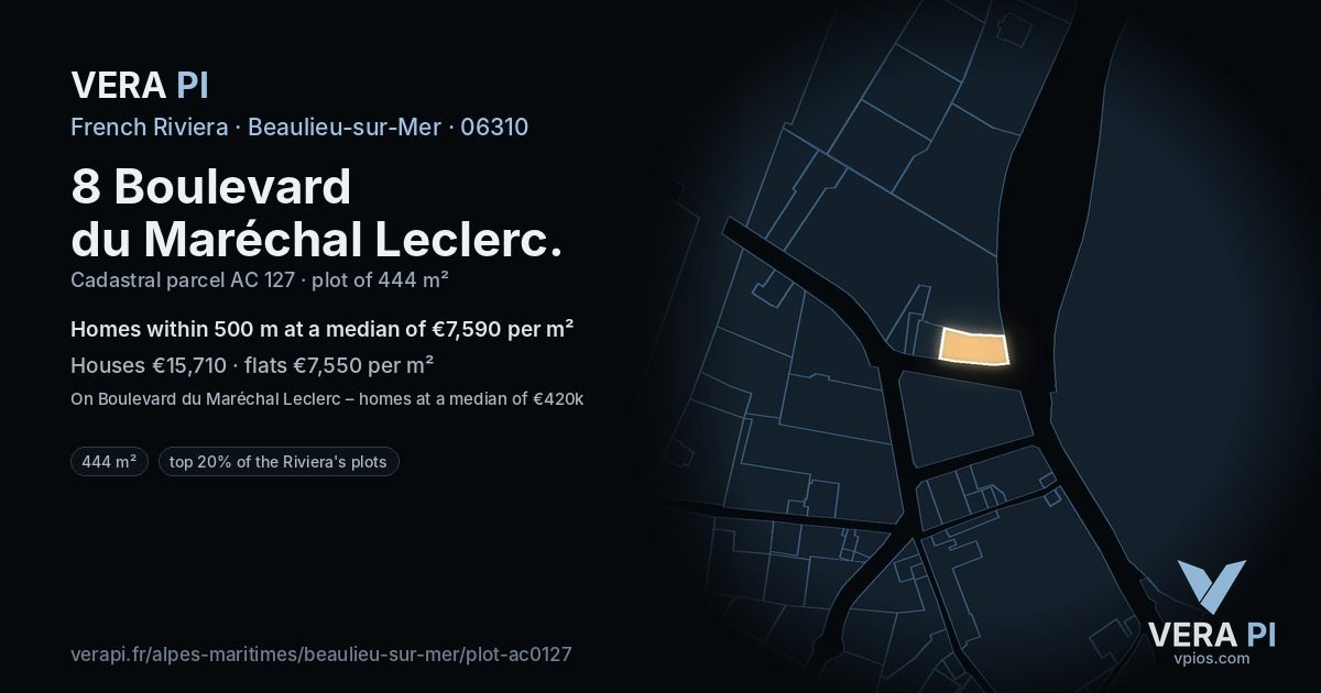 8 Boulevard du Maréchal Leclerc, Beaulieu-sur-Mer at night – the plot lit, the parcels around coloured by the prices near them