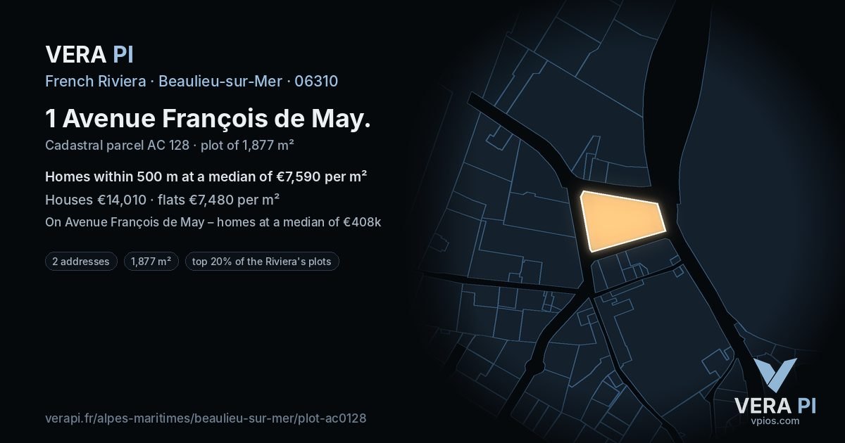 1 Avenue François de May, Beaulieu-sur-Mer at night – the plot lit, the parcels around coloured by the prices near them