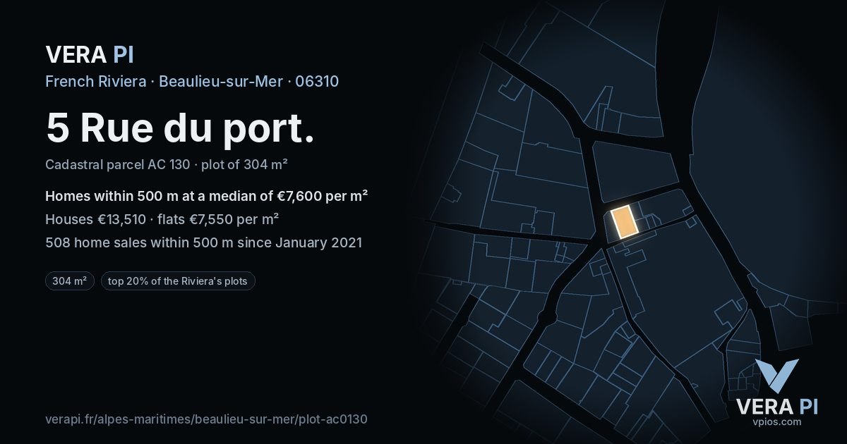 5 Rue du port, Beaulieu-sur-Mer at night – the plot lit, the parcels around coloured by the prices near them