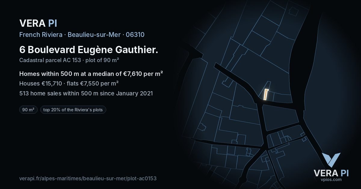 6 Boulevard Eugène Gauthier, Beaulieu-sur-Mer at night – the plot lit, the parcels around coloured by the prices near them