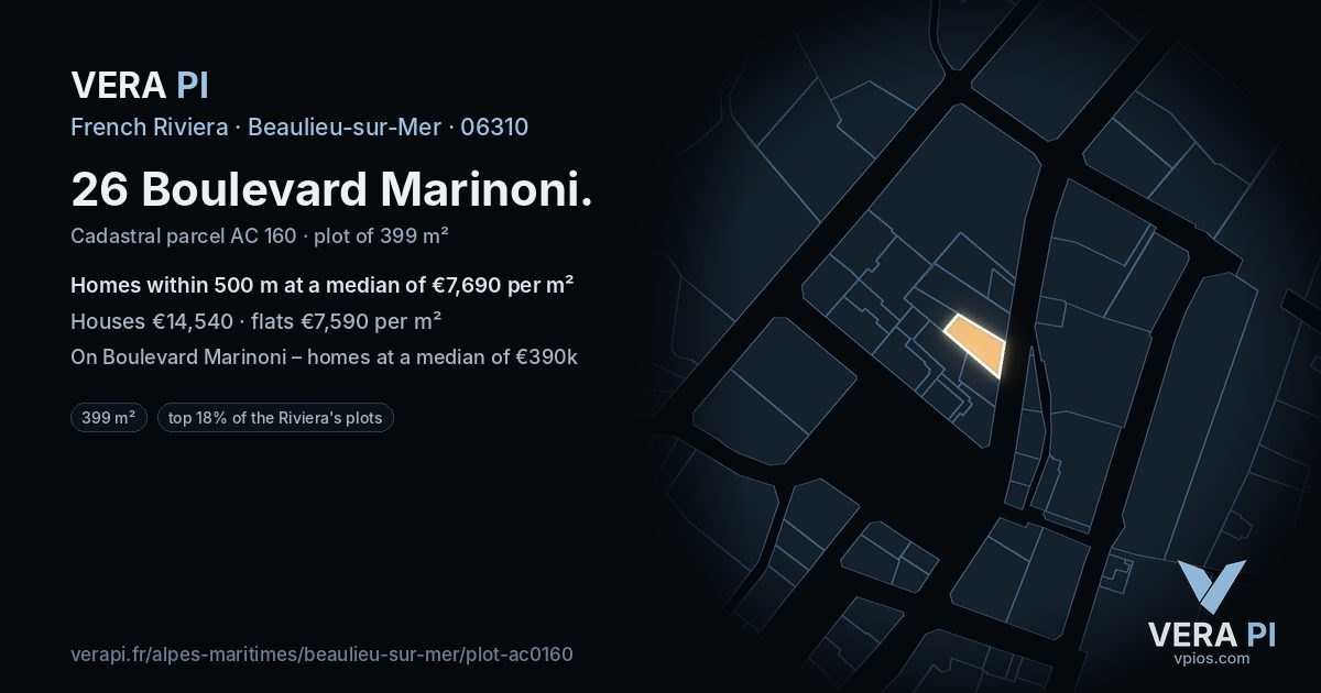 26 Boulevard Marinoni, Beaulieu-sur-Mer at night – the plot lit, the parcels around coloured by the prices near them