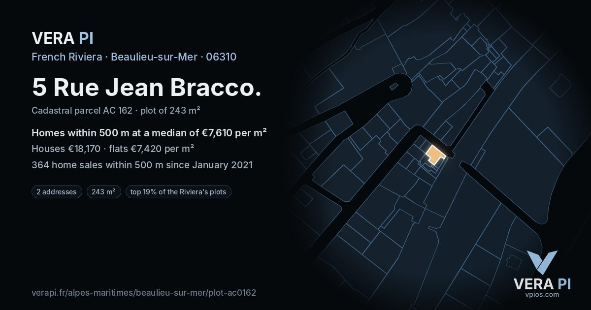 5 Rue Jean Bracco, Beaulieu-sur-Mer at night – the plot lit, the parcels around coloured by the prices near them