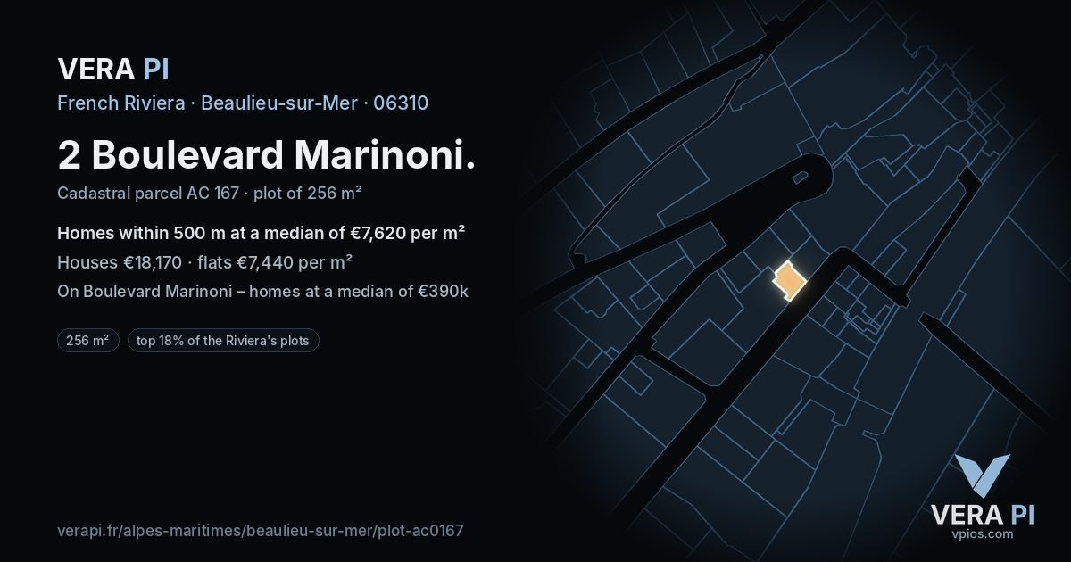 2 Boulevard Marinoni, Beaulieu-sur-Mer at night – the plot lit, the parcels around coloured by the prices near them