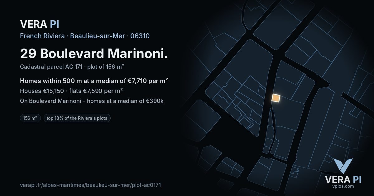 29 Boulevard Marinoni, Beaulieu-sur-Mer at night – the plot lit, the parcels around coloured by the prices near them