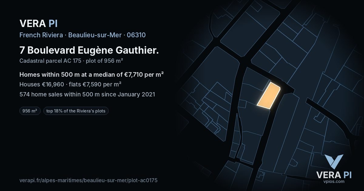 7 Boulevard Eugène Gauthier, Beaulieu-sur-Mer at night – the plot lit, the parcels around coloured by the prices near them