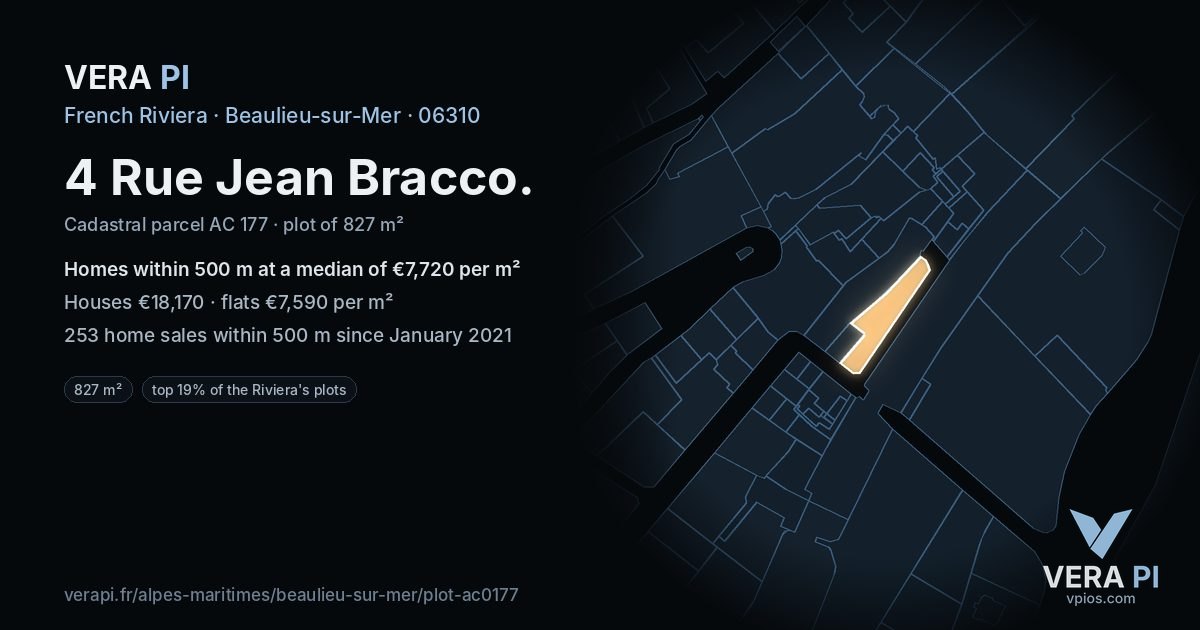 4 Rue Jean Bracco, Beaulieu-sur-Mer at night – the plot lit, the parcels around coloured by the prices near them
