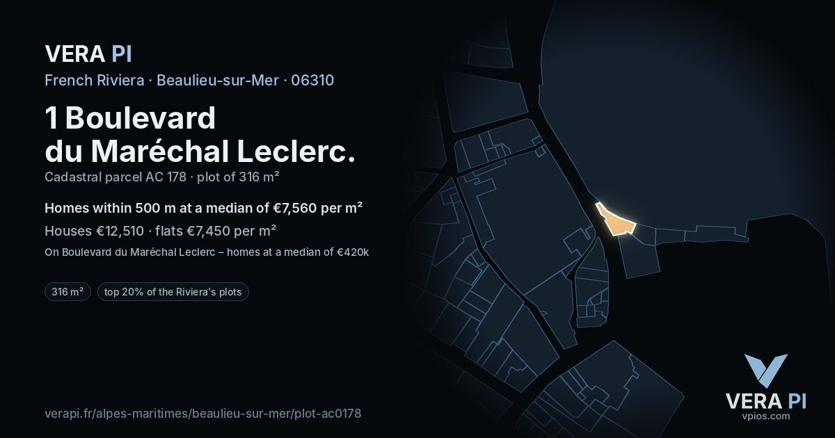 1 Boulevard du Maréchal Leclerc, Beaulieu-sur-Mer at night – the plot lit, the parcels around coloured by the prices near them